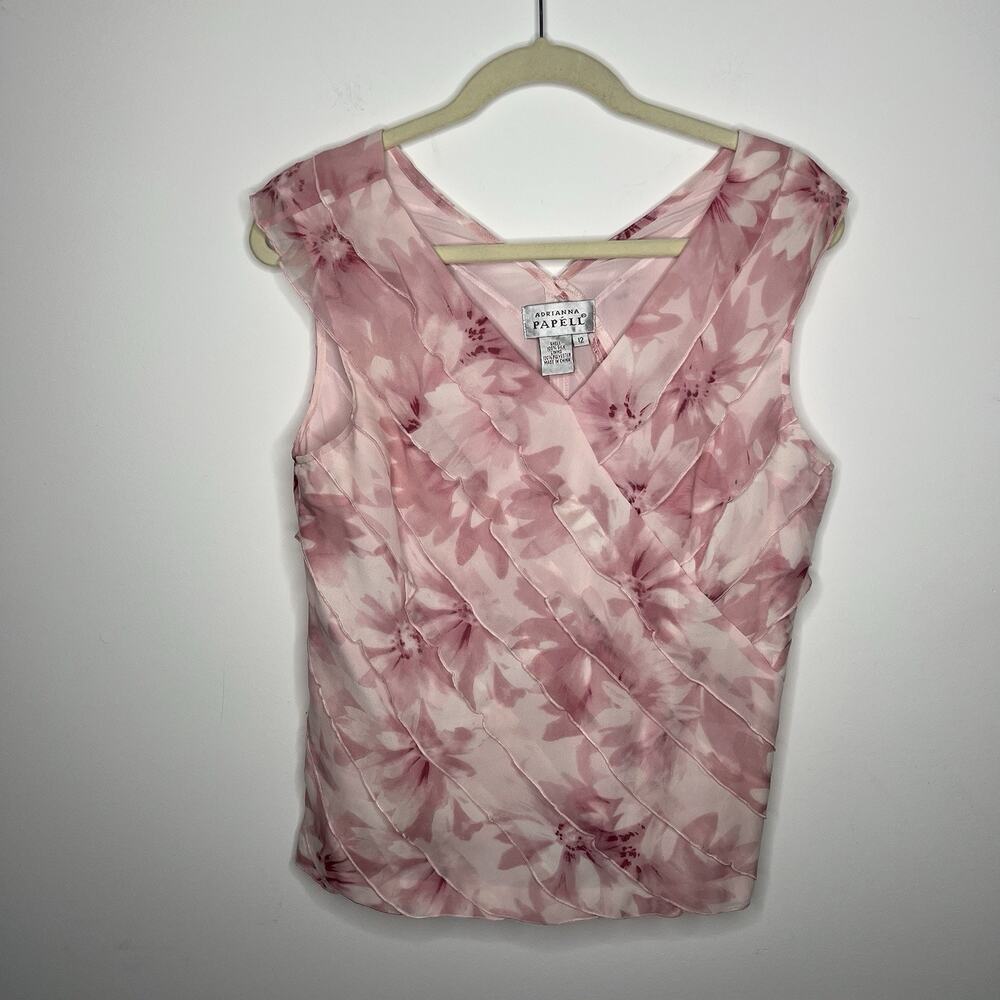 Adrianna Papell Silk Top Womens 12 Pink Floral Tiered Dressy Feminine Romantic